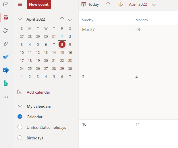 Lịch được tích hợp với Outlook sau khi login mail 365