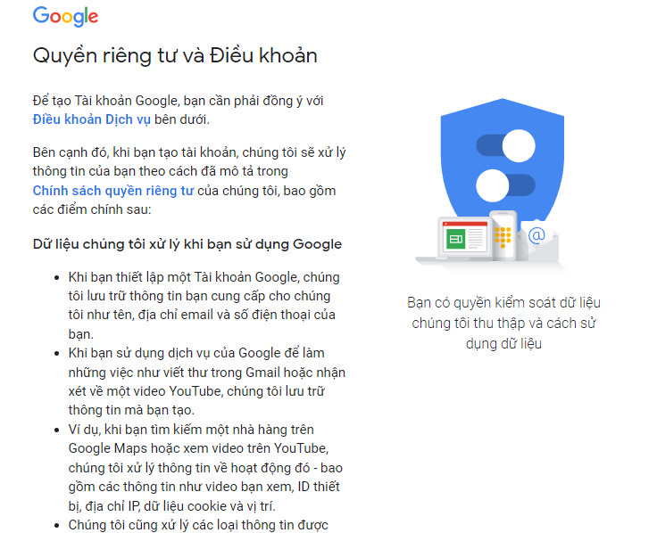đồng ý quyền riêng tư và điều khoản của google