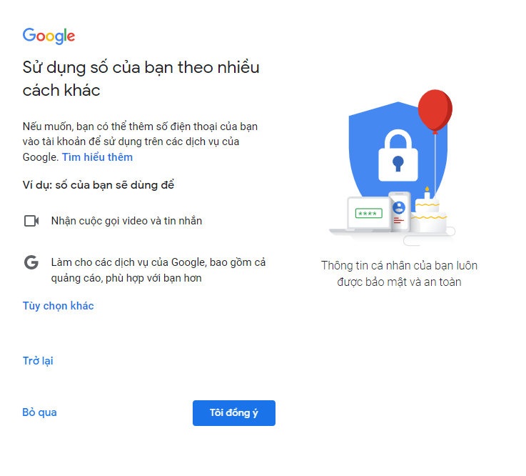 đồng ý sử dụng số điện thoại cho dịch vụ google