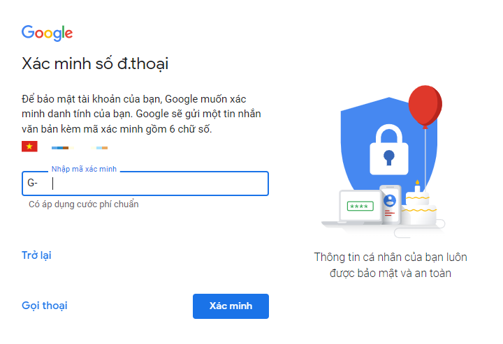 xác minh số điện thoại để lập tài khoản gmail