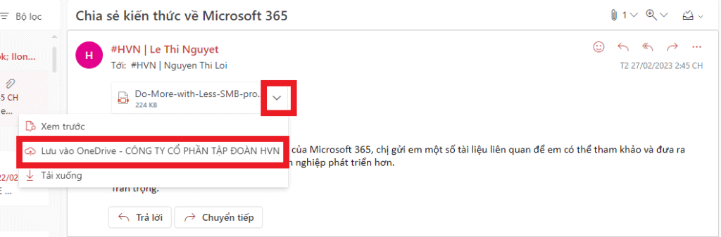 thêm tệp email vào onedrive
