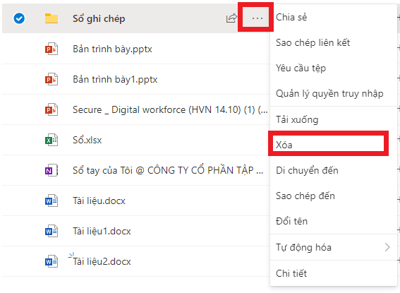 xóa tệp tài liệu trên onedrive