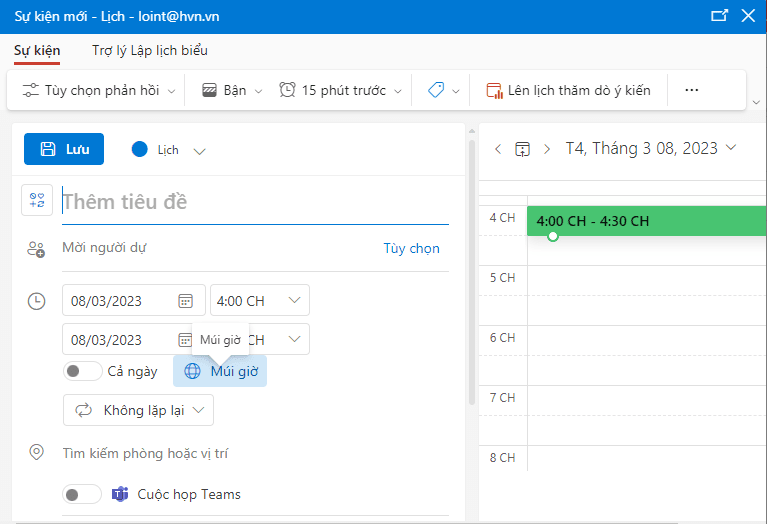 thiết lập lịch trên outlook