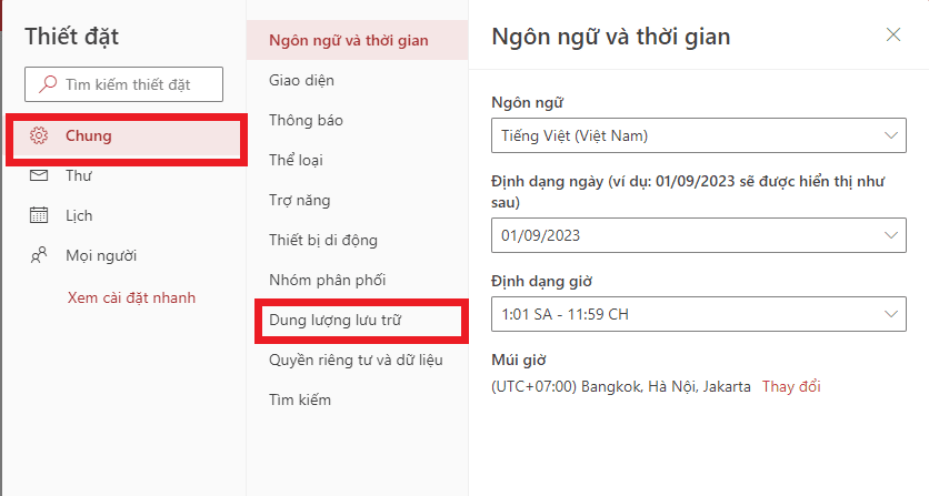 cài đặt dung lượng outlook