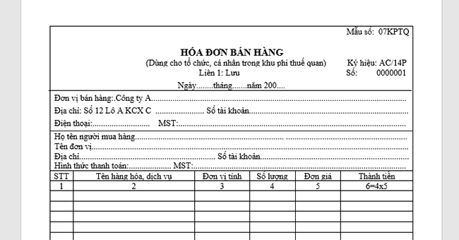 thông tin trong hóa đơn