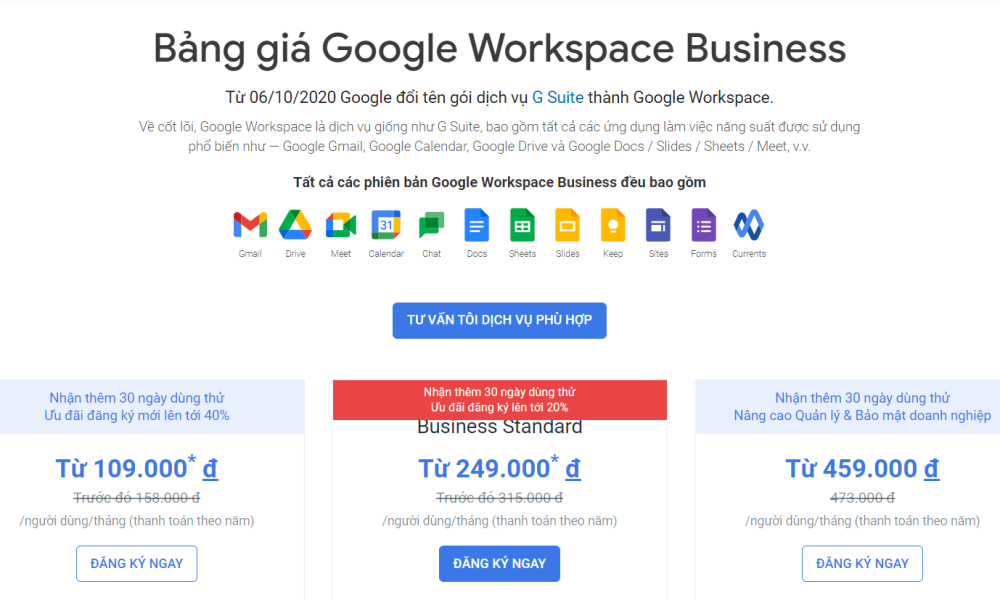 bảng giá dịch vụ google workspace tại gcs.vn